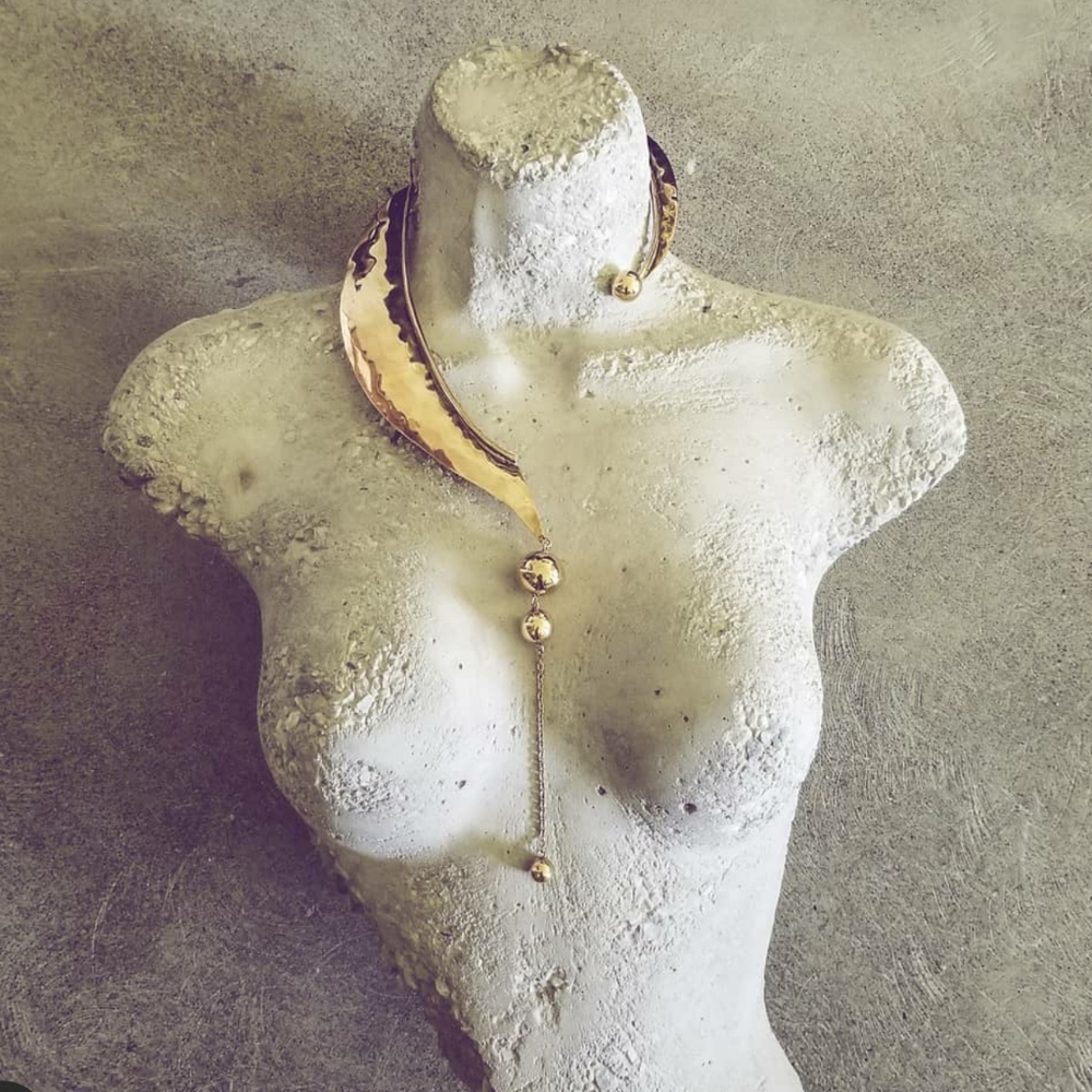 Golden pearl  brass collar necklace unique Wearable art